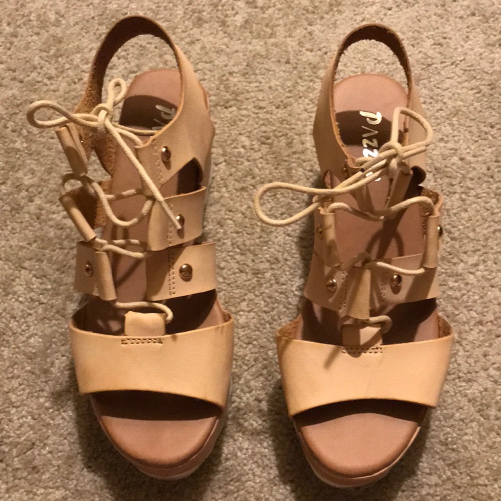 Lace up nude platform wedges